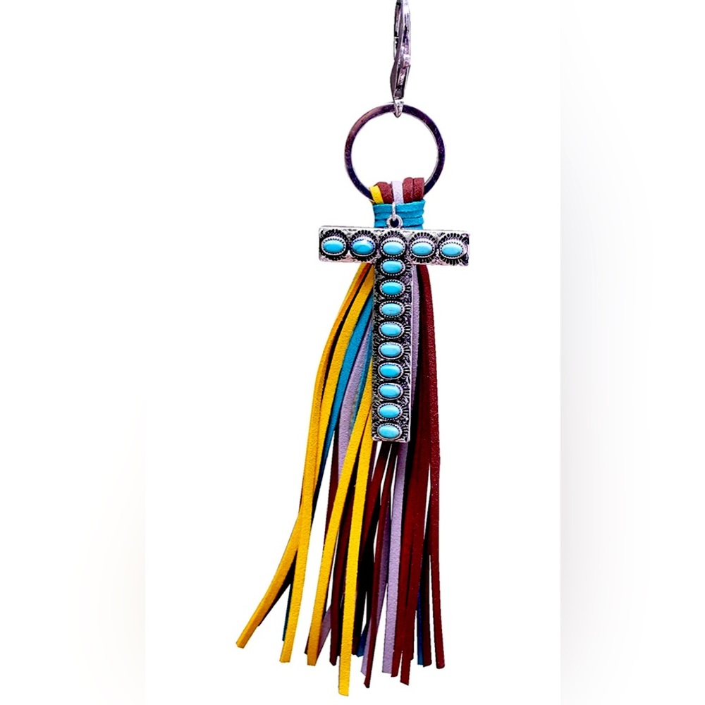 👀 Western Boho Letter “T” Key Chain, Handbag‎ Charm Multicolor Leather Tassel